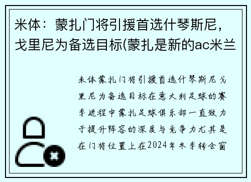 米体：蒙扎门将引援首选什琴斯尼，戈里尼为备选目标(蒙扎是新的ac米兰)